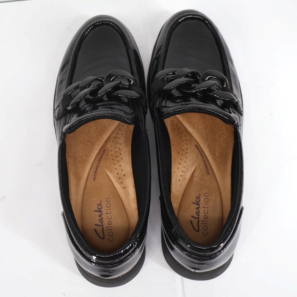 Clarks Zylah May Black Crinkle Patent Chain Platform Loafer 9 M NIB Office Siren - Picture 4 of 8